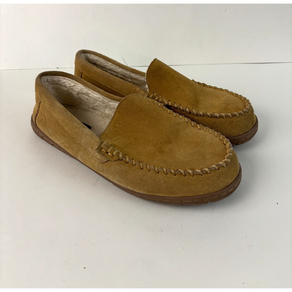 Lands' End Suede Moccasin Slippers Womens Size‎ 9 Brown Fur Lined